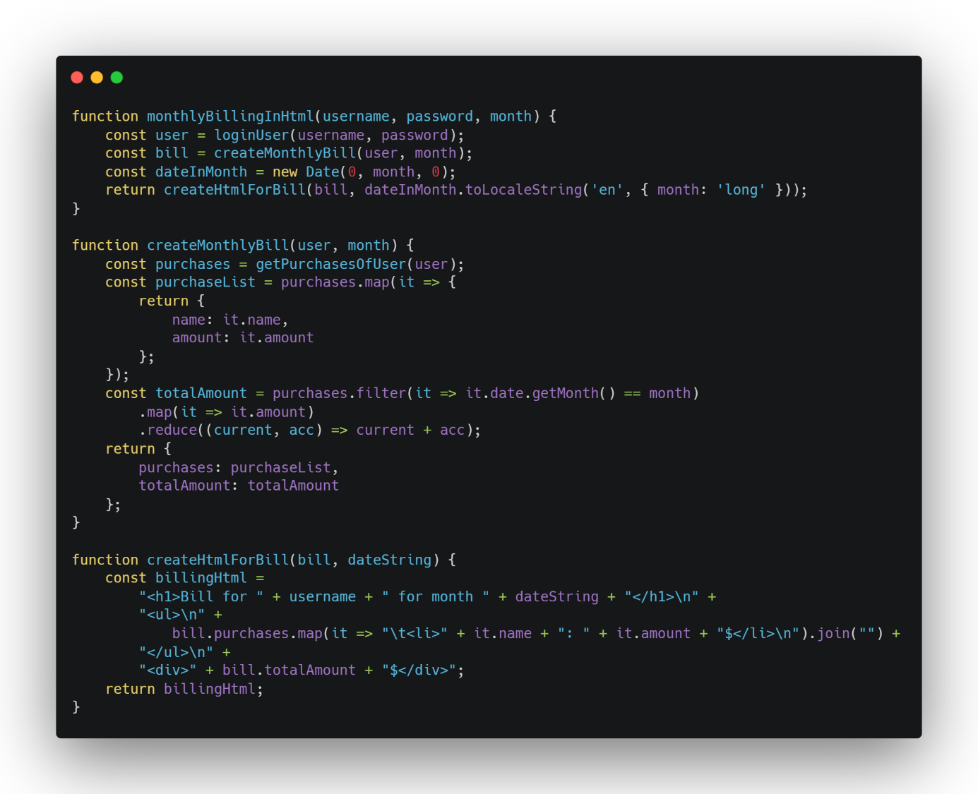 Abbildung 5: Change Function Declaration of createHtmlForBill()